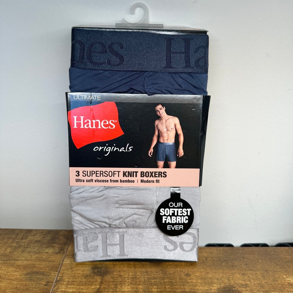 Hanes Originals Ultimate 3 Pack Mens Supersoft Bamboo Knit Boxers Medium U02KC3